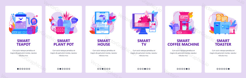Smart home appliances and devices. House remote control by mobile phone. Smart coffee machine. Mobile app onboarding screens. Vector banner template for website development. Web design illustration.