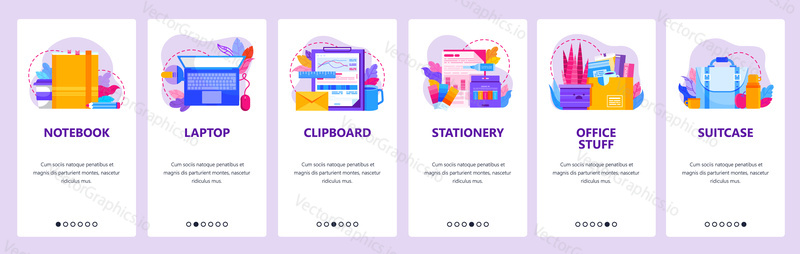 Office accessories and business stuff. Mobile app onboarding screens. Menu vector banner template for website and mobile development. Web site design illustration.