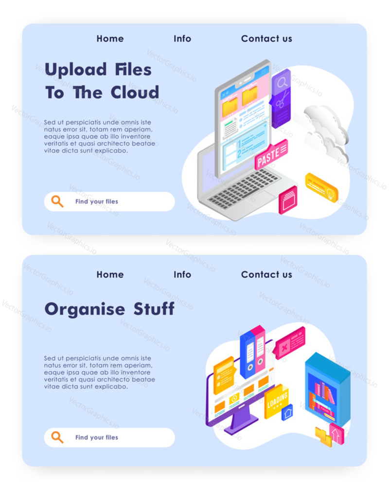 Online cloud office. Upload files to cloud storage technology. Business 3d concept Vector web site design template. Landing page website illustration