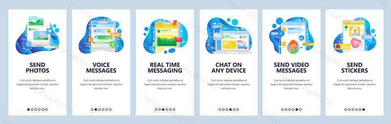 Social media messenger mobile phone app. Send voice and text message. Video call and online chat, sticker. Vector banner template for website and mobile development. Web site design illustration.