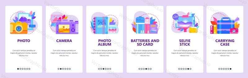Photo camera, photography icons. Photo album, batteries and memory card. Mobile app onboarding screens. Menu vector banner template for website and mobile development. Web site design illustration