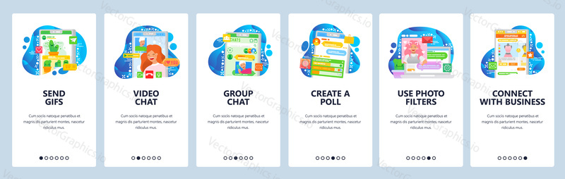 Video call and messanging mobile phone app. Send GIF, messages, stickers. Group online chat. Onboarding screens. Vector banner template for website mobile development. Web site design illustration