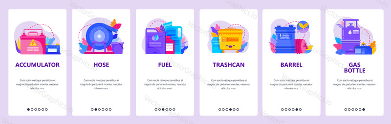 Oil and power energy industry icons. Gas bottle, fuel, accumulator, oil barrel. Mobile app onboarding screens. Vector banner template for website and mobile development. Web site design illustration.