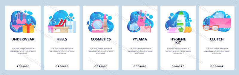 Woman stuff and accessories. Fashion, beauty, female underware, heels, cosmetic, clutch. Mobile app screens. Vector banner template for website and mobile development. Web site design illustration.