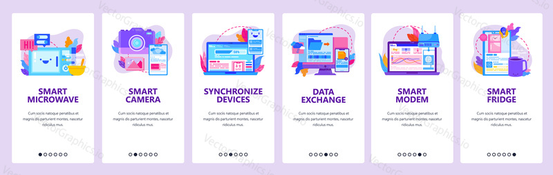 Smart home electronic and devices. Data exchange and sync technology. Mobile app onboarding screens. Menu vector banner template for website and mobile development. Web site design illustration.