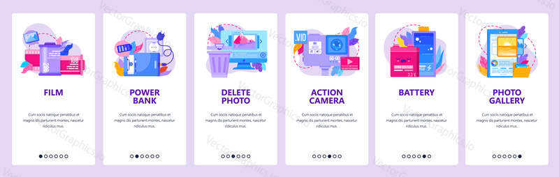 Photographic film, photo camera. Battery, action camera, delete photo, gallery. Mobile app onboarding screens. Vector banner template for website and mobile development. Web site design illustration.