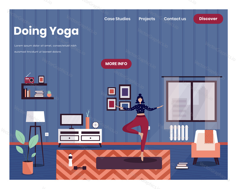 Vrksasana tree yoga pose. Woman doing yoga at home. Healthy lifestyle. Vector web site design template. Landing page website concept illustration