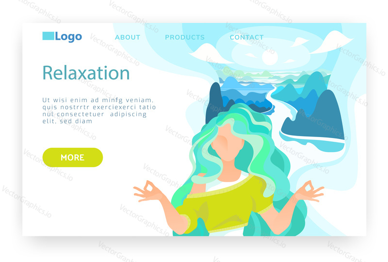 Girl doing meditation and gyan mudra yoga with nature on background. Human enlightenment concept. Subtle energy, life balance. Vector web site design template. Landing page website illustration