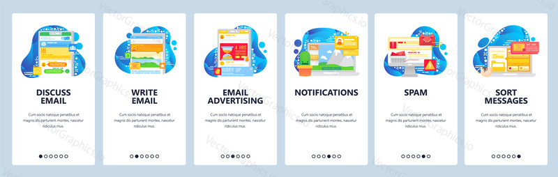 Email and chat mobile app. Phone notifications and advertisement. Spam, message sorting. App onboarding screens. Vector banner template for website and mobile development. Web site design illustration