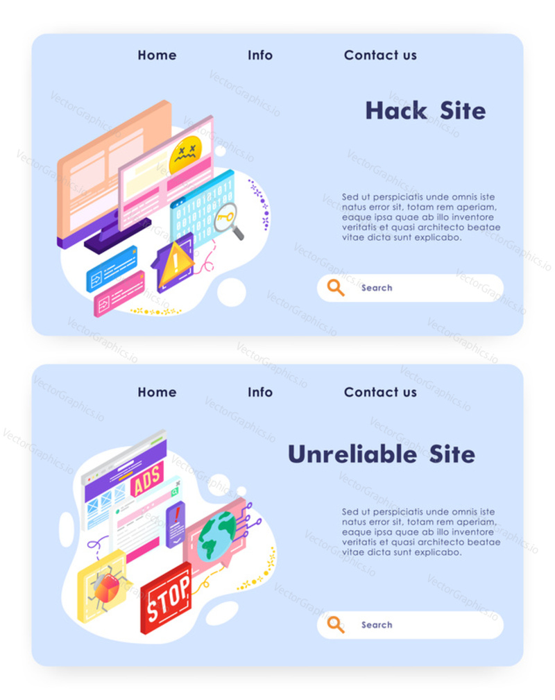 Website hacking attack. Cyber security technology. Unreliable site, computer bug. Vector web site design template. Landing page website concept isometric illustration