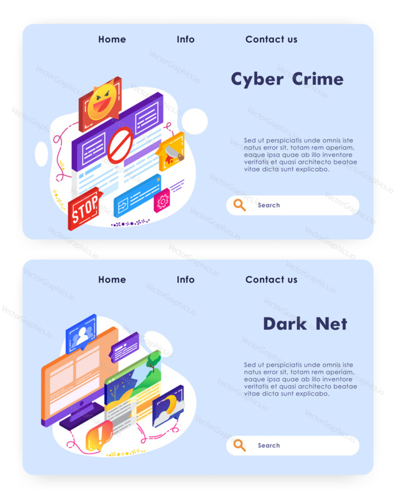 Computer security and cyber crime. Virus attack alert. Darknet technology. Vector web site design template. Landing page website concept isometric illustration