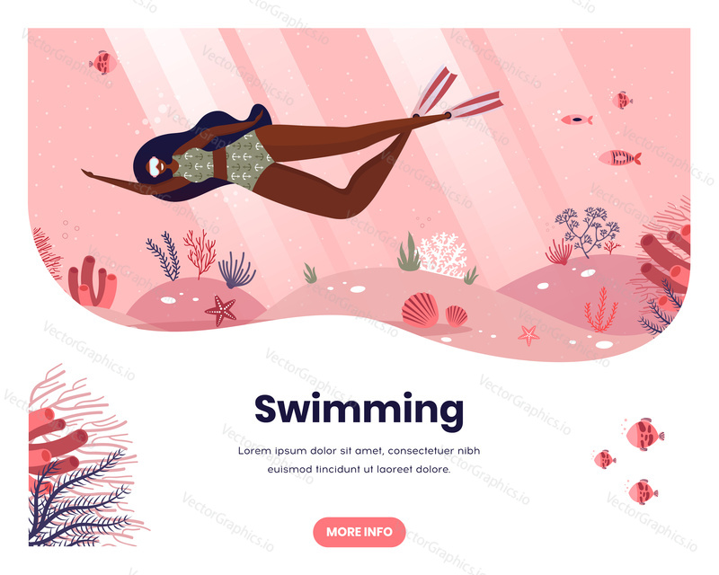 Black woman swimming with mask underwater. Sea beach vacation. Dive under water and swim. Vector web site design template. Landing page website concept illustration