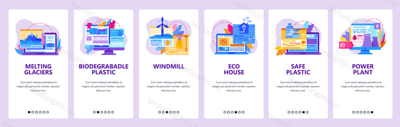 Environmental problems icons. Melting glaciers, plastic pollution, windmill, eco house. Mobile app screens. Vector banner template for website and mobile development. Web site design illustration.