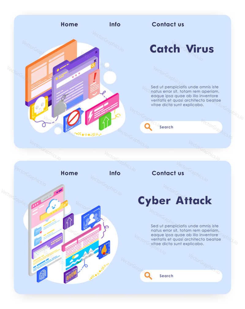 Virus attack and cyber security. Fraud and ransom malware. Cloud storage attack and hack. Computer technology. Vector web site design template. Landing page website concept isometric illustration
