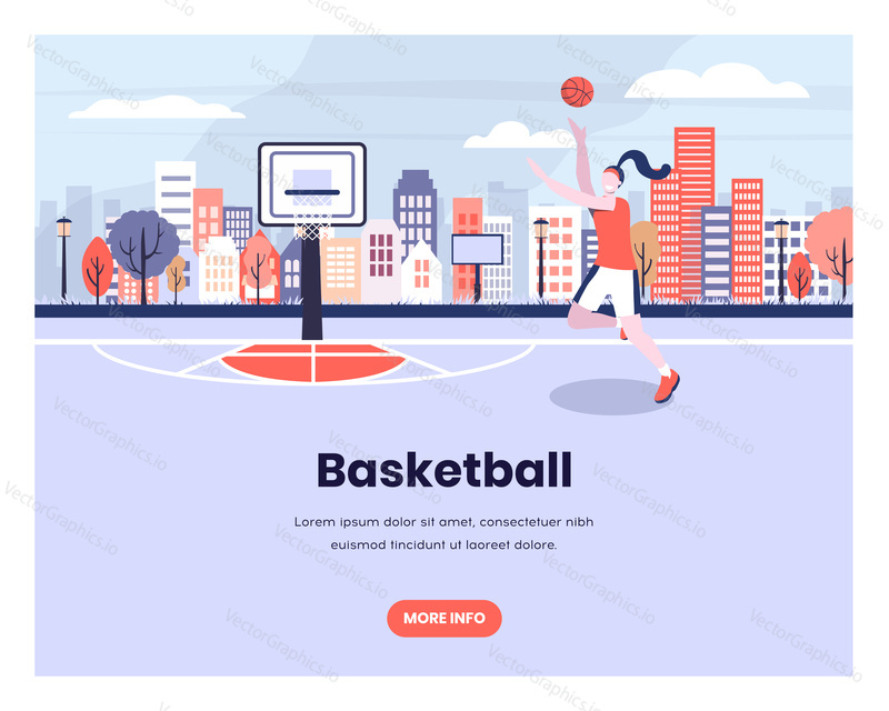 Girl plays basketball with urban city background. Woman player, sport, hoop, streetball. Vector web site design template. Landing page website concept illustration