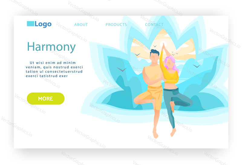 Man and woman in tree yoga pose. Harmony, meditation and mind enlightenment concept. Wellness and healthy lifestyle. Vector web site design template. Landing page website illustration