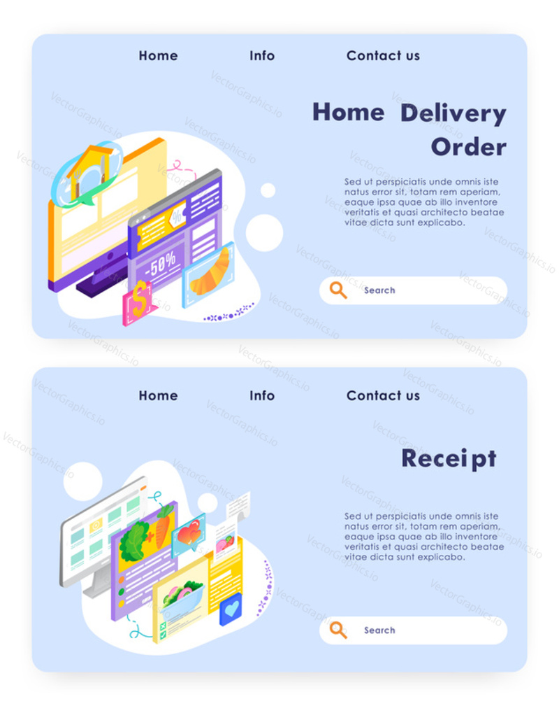 Buy food online and meal delivery. Pay for food online and get receipt. Vector web site design template. Landing page website concept isometric illustration