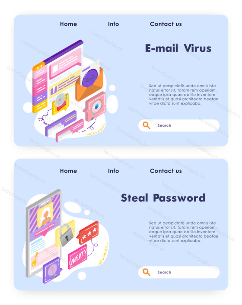 Virus attack and malware email. Cyber security, phishing and password stealing. Secure account access. Computer technology Vector web site design template. Landing page website isometric illustration