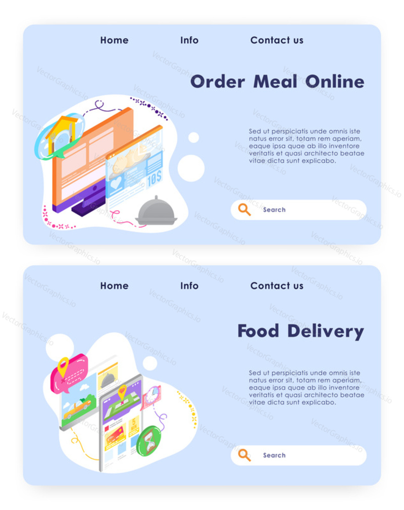 Order meal online. Food fast delivery app. Vector web site design template. Landing page website concept isometric illustration