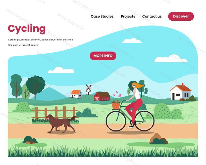 Happy girl riding bicycle on rural road. Outdoor nature landscape. Countryside farm. Woman cycling. Vector web site design template. Landing page website concept illustration