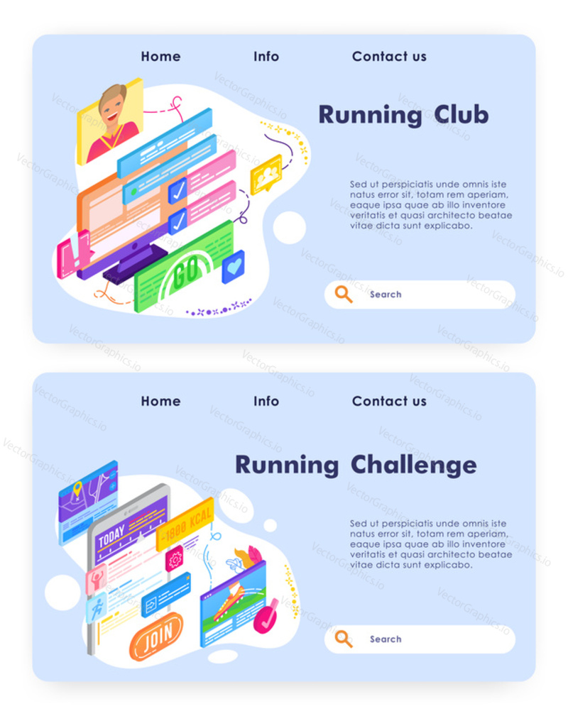 Running club mobile phone app. Sport fitness challenge Run activity tracking. Vector web site design template. Landing page website concept illustration
