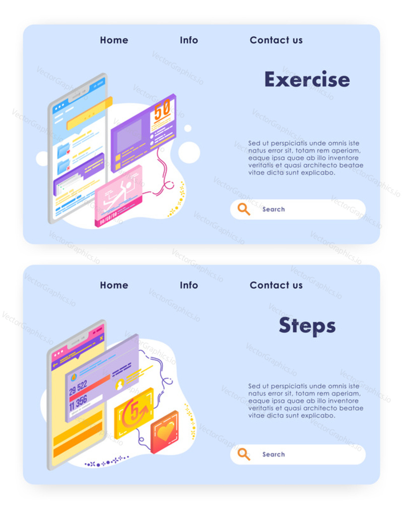 Healthy lifestyle and sport activity. Steps counter and exercise tracking technology. Vector web site design template. Landing page website concept illustration