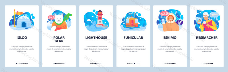 Arctica and Antarctica icons. Polar bear, winter snow and ice, igloo, eskimo, inuit girl. Mobile app screens. Vector banner template for website mobile development. Web site design illustration.