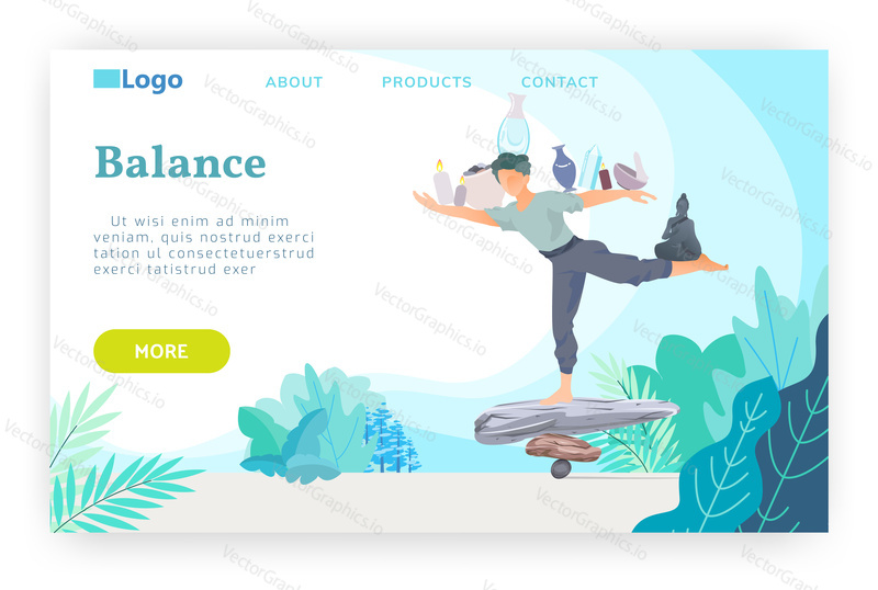 Man stays on a stack stones and balancing. Yoga, meditation and buddhism concept. Vector web site design template. Landing page website concept illustration