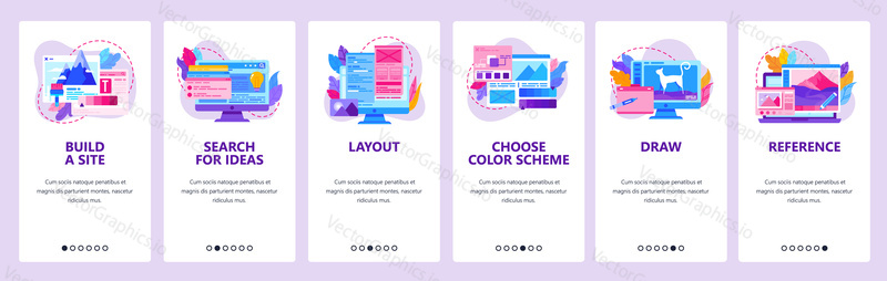 Digital design and illustration. Graphic tablet drawing. Website layout and wireframe. Mobile app onboarding screens. Menu vector banner template for mobile development. Web site design illustration.