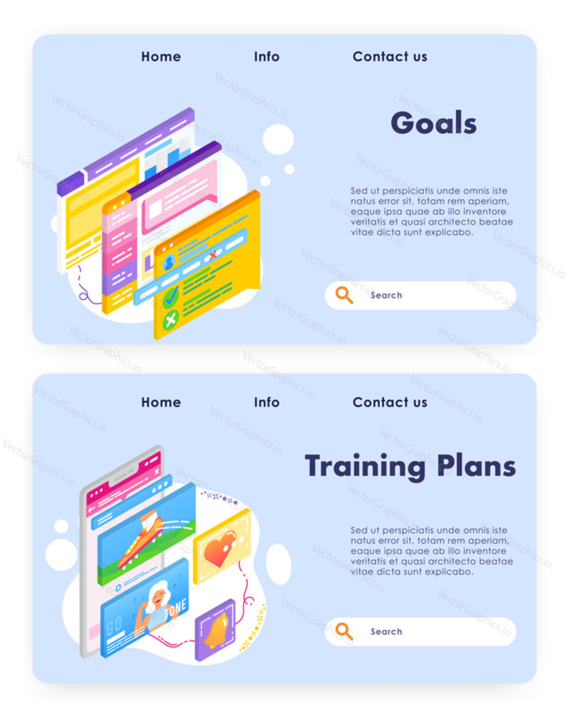 UX design screens. Sport training goals and plans app. Vector web site design template. Landing page website concept illustration