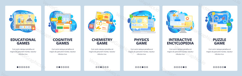 Science and smart mobile games. Chemistry experiment, physics test, puzzle game. App onboarding screens. Menu vector banner template for website and mobile development. Web site design illustration.