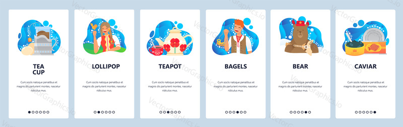 Russian stereotypes. Bear with balalaika, russian girl in traditional dress, caviar, teapot. Mobile app screens. Vector banner template for website mobile development. Web site design illustration.