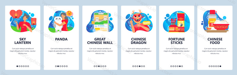Chinese traditional culture icons. Chinese girl in red dress. Panda, Great Wall, fortune sticks, dragon mask. App screen. Vector banner template for website mobile development. Web design illustration