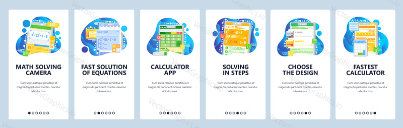 Math equation solving mobile phone app. Mathematics formula, calculator, equation solution. App screens. Menu vVector banner template for website mobile development. Web site design illustration.
