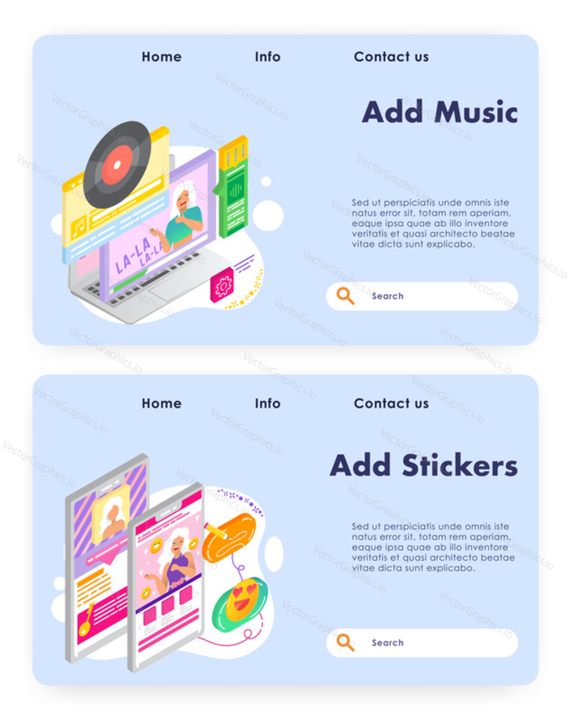 Music karaoke. Vinyl disk. Girl uses stockers and smiles in online video chat. Vector web site design template. Landing page website concept illustration
