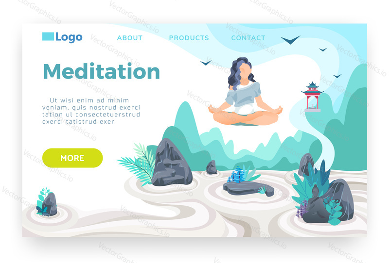Girl meditating in lotus pose and hovering above japanese rock garden. Yoga, life balance, relaxation, mindfulness. Vector web site design template. Landing page website concept illustration