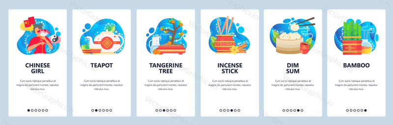 Chinese culture icons, teapot, tangerine tree, incense stick, chinese girl in traditional dress. App screens. Vector banner template for website and mobile development. Web site design illustration.
