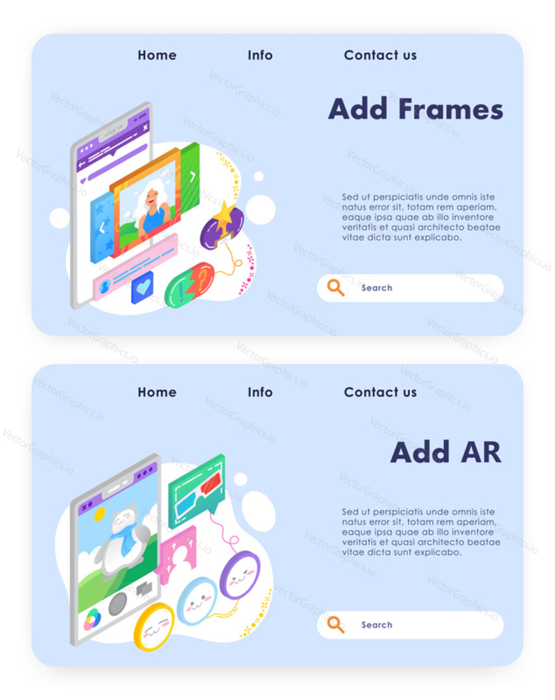 Photo gallery carousel and frame. Augmented reality technology, mobile phone game. Vector web site design template. Landing page website concept illustration
