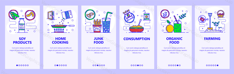 Mobile app onboarding screens. Home cooking, dairy products, fast food and organic farming. Menu vector banner template for website and mobile development. Web site design flat illustration.