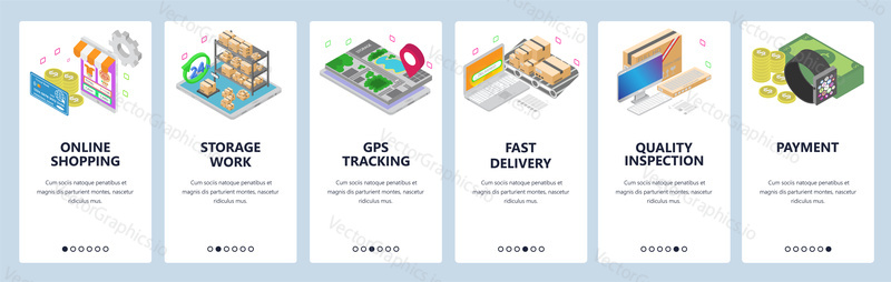 Mobile app onboarding screens. Online shopping, smart watch, wireless payments, warehouse, delivery, gps tracking. Menu vector banner template for website and mobile development. Web site design isometric illustration.