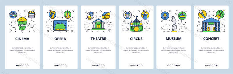 Mobile app onboarding screens. Entertainment icons, cinema, opera, circus, thatre, museum. Menu vector banner template for website and mobile development. Web site design flat illustration.