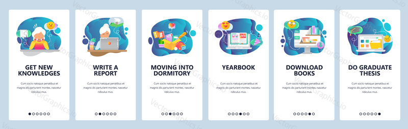 Mobile app onboarding screens. College and school education icons, yearbook, online library, thesis. Menu vector banner template for website and mobile development. Web site design flat illustration.