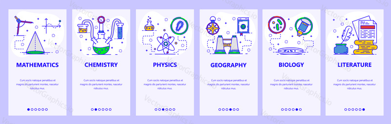 Mobile app onboarding screens. Science and school subjects, chemistry, math, physics, biology. Menu vector banner template for website and mobile development. Web site design flat illustration.