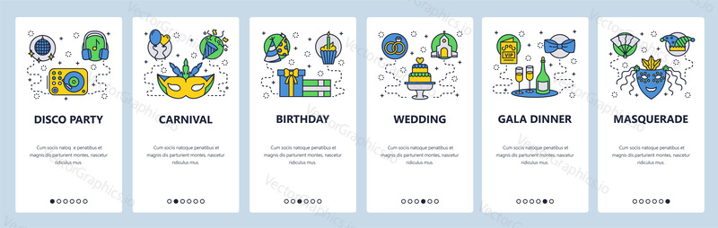 Mobile app onboarding screens. Entertainment icons, carnaval, party, wedding, masquerade. Menu vector banner template for website and mobile development. Web site design flat illustration.