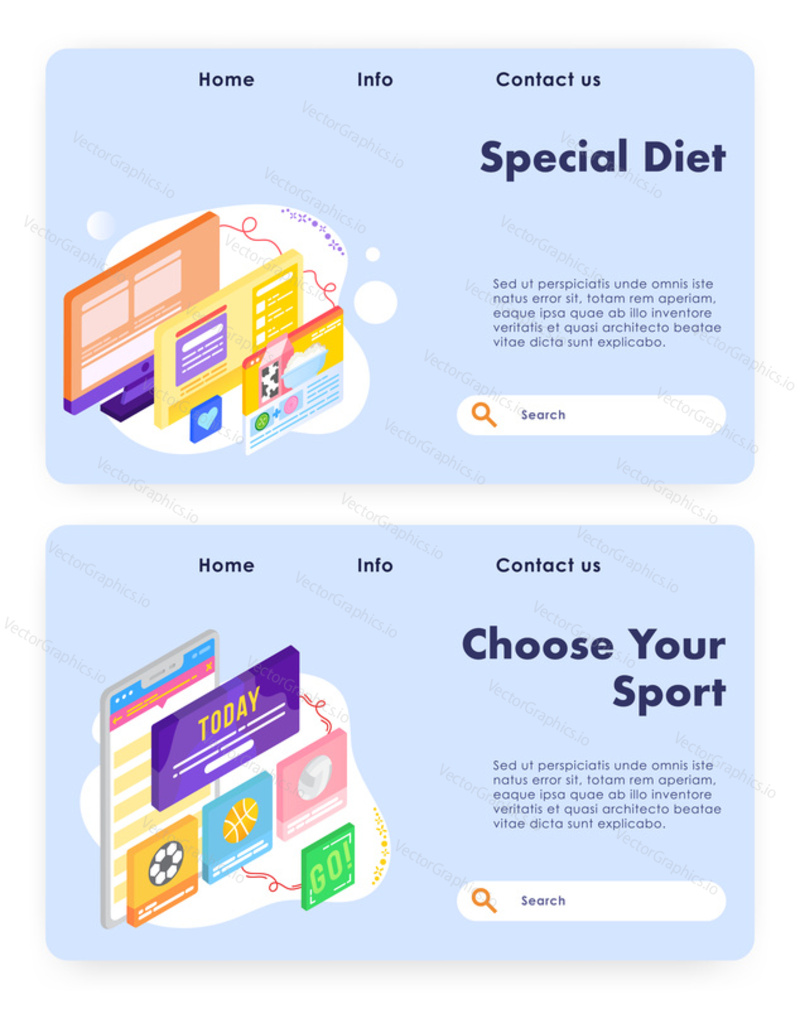 Healthy diet program. Dairy food products. Choose your sport today. Vector web site design template. Landing page website concept illustration