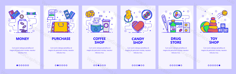 Mobile app onboarding screens. Shopping, retail, coffee shop, candy shop, pharmacy, kids store. Menu vector banner template for website and mobile development. Web site design flat illustration.