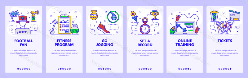 Mobile app onboarding screens. Fitness, sport activities, runing. Menu vector banner template for website and mobile development. Web site design flat illustration.