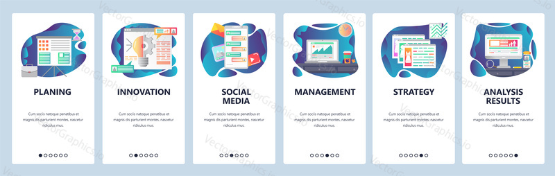 Mobile app onboarding screens. Business management and strategy planing, online chat, messages, social media. Menu vector banner template for website and mobile development. Web site design flat illustration.