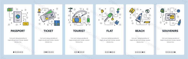 Travel outline icons. Passport, air tickets, photo camera, sunblock cream. Mobile app onboarding screens. Menu vector banner template for website and mobile development. Web site design illustration.
