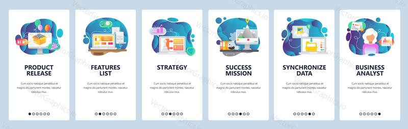 Mobile app onboarding screens. Business strategy, new product release, data sync. Menu vector banner template for website and mobile development. Web site design flat illustration.